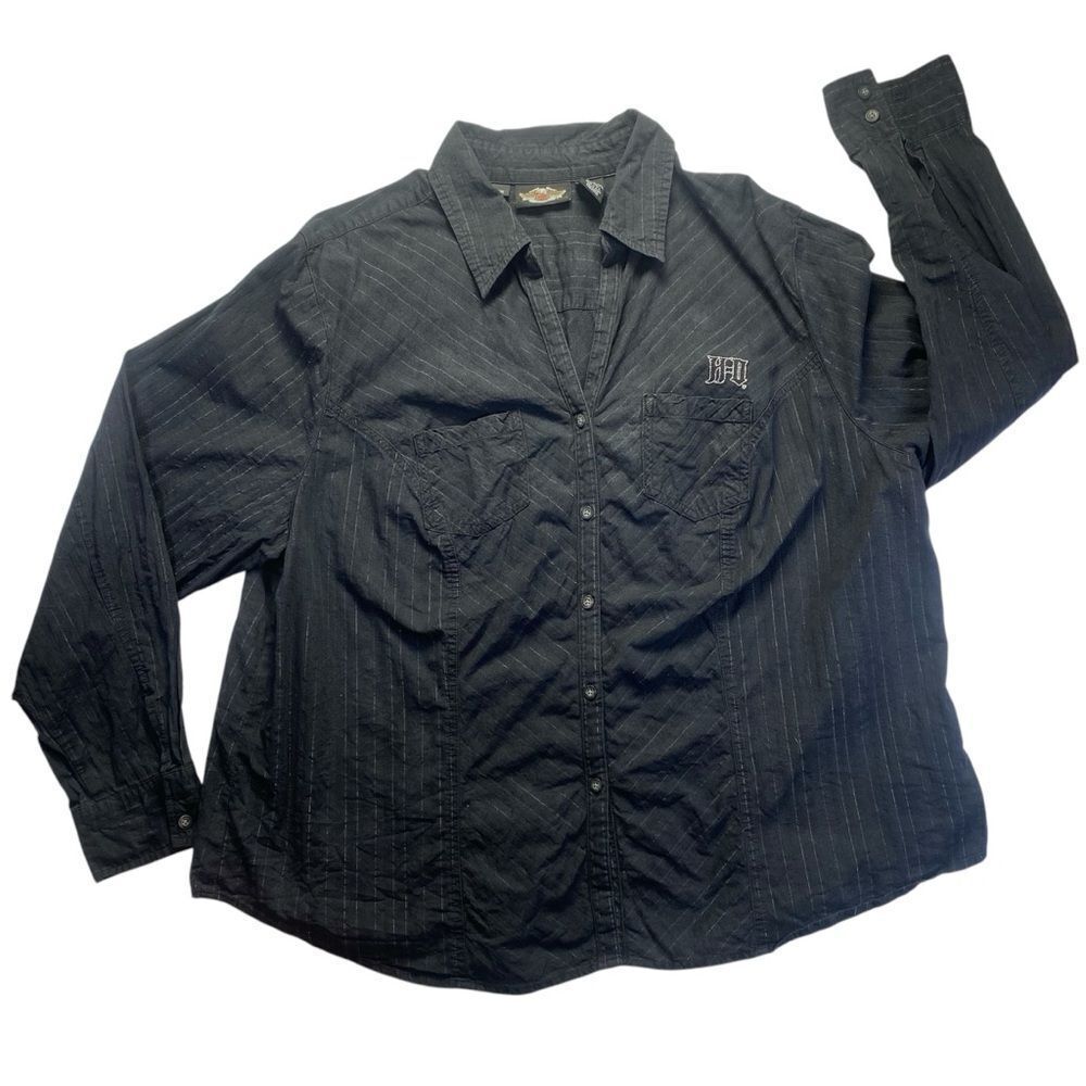 Harley-Davidson Women’s 2W Black Pinstripe Button-Up Shirt – Embroidered…‎